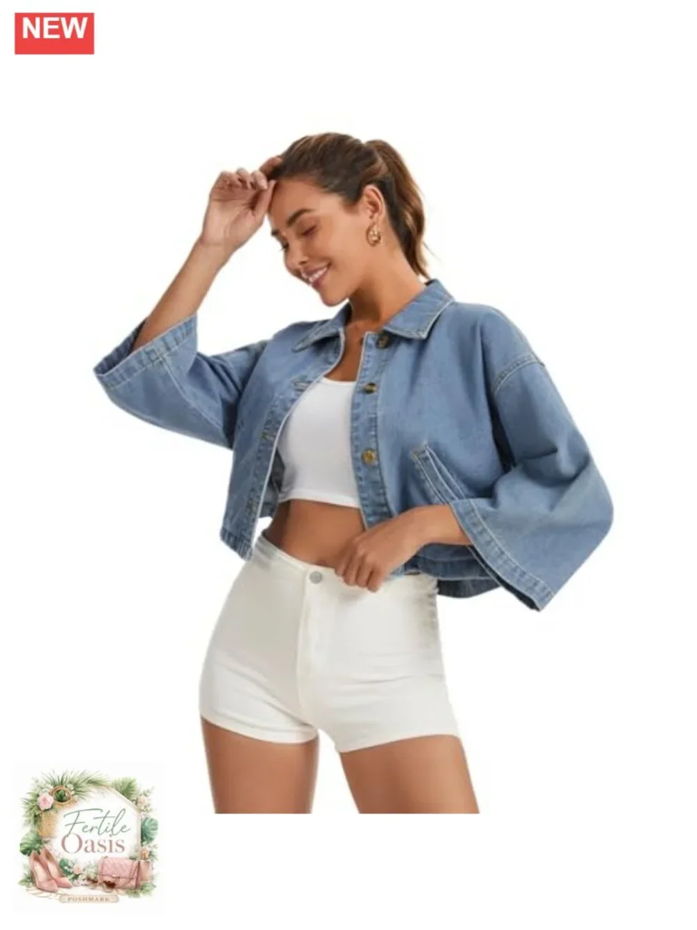 Womens Denim Jacket 3/4 Sleeve Casual Button Down Crop Jean Shirt